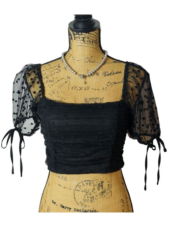 Forever 21 Tops - Forever 21 S Crop Y2k Black Puff Slvs Mesh Ruched Heart Print Tie Detail Flirty